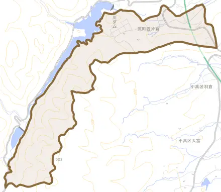 原町区片倉とその周辺の地図。町の範囲を重ねている