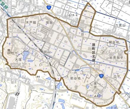 原町区北原とその周辺の地図。町の範囲を重ねている