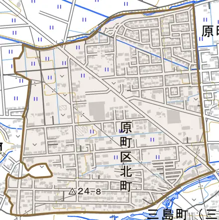 原町区北町とその周辺の地図。町の範囲を重ねている
