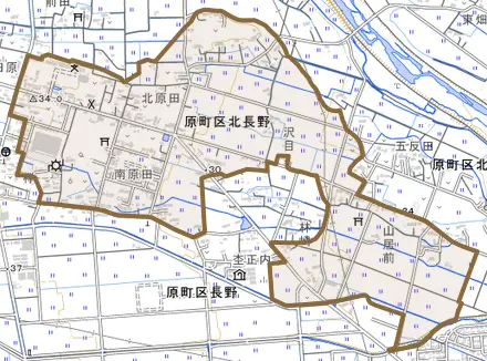 原町区北長野とその周辺の地図。町の範囲を重ねている
