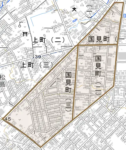 原町区国見町とその周辺の地図。町の範囲を重ねている