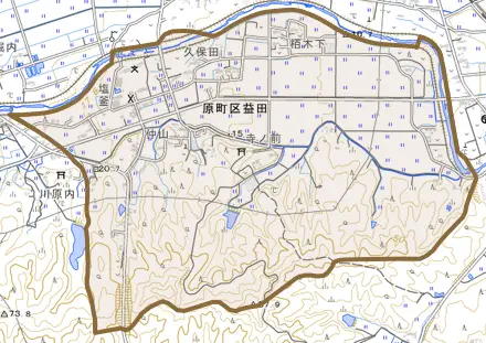 原町区益田とその周辺の地図。町の範囲を重ねている