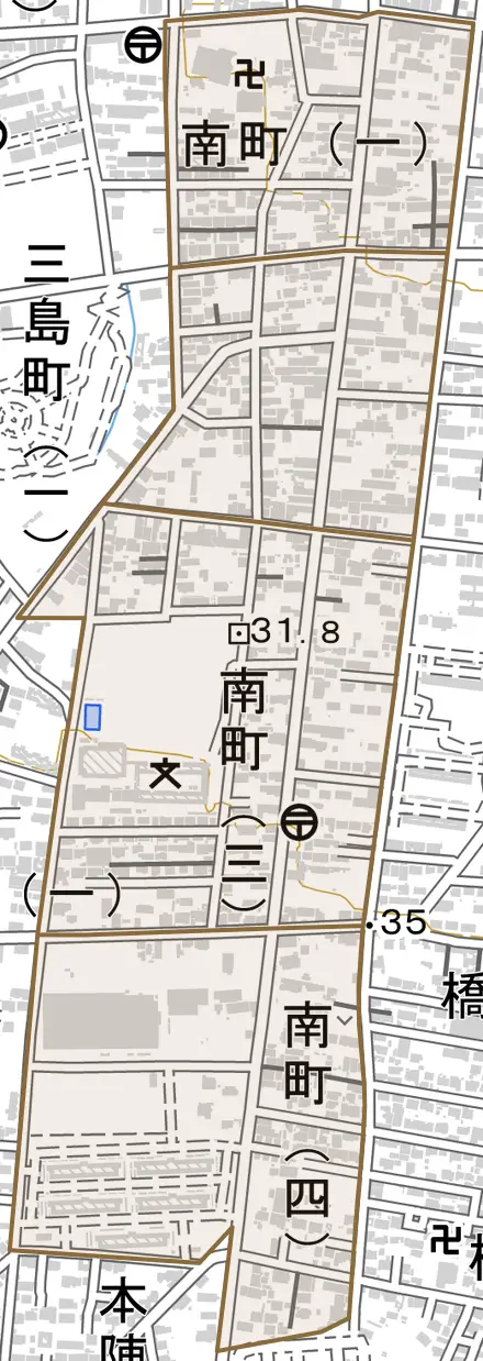 原町区南町とその周辺の地図。町の範囲を重ねている