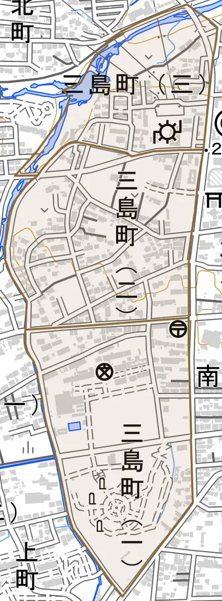原町区三島町とその周辺の地図。町の範囲を重ねている
