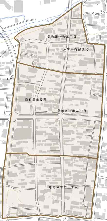 原町区本町とその周辺の地図。町の範囲を重ねている