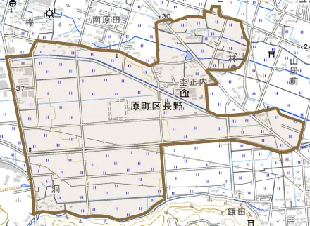 原町区長野とその周辺の地図。町の範囲を重ねている