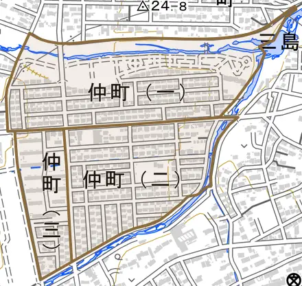 原町区仲町とその周辺の地図。町の範囲を重ねている