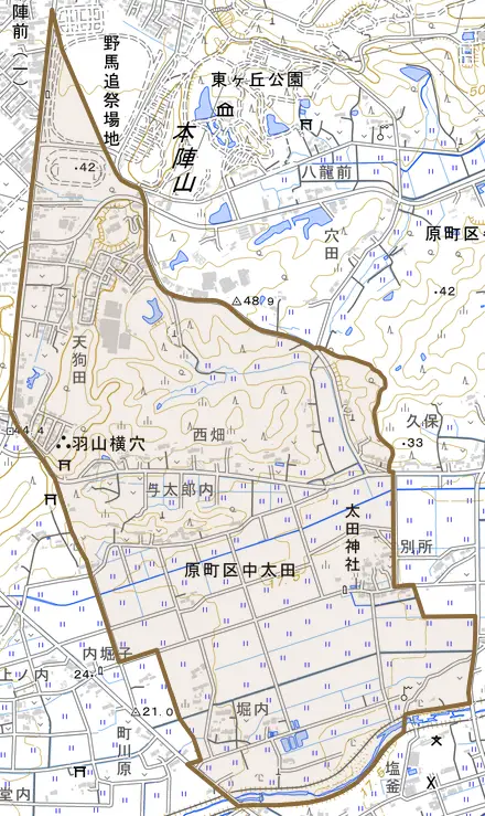 原町区中太田とその周辺の地図。町の範囲を重ねている