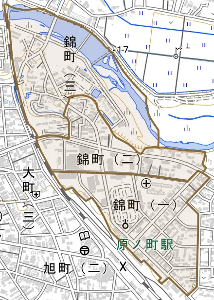 原町区錦町とその周辺の地図。町の範囲を重ねている