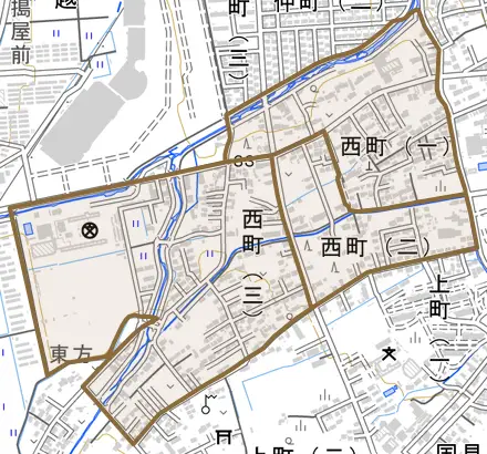 原町区西町とその周辺の地図。町の範囲を重ねている