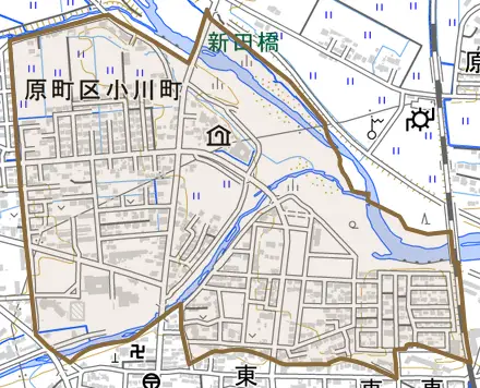 原町区小川町とその周辺の地図。町の範囲を重ねている