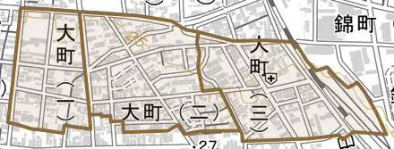 原町区大町とその周辺の地図。町の範囲を重ねている
