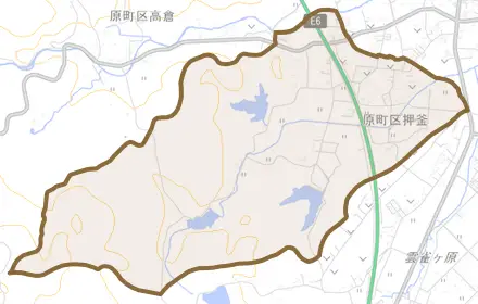 原町区押釜とその周辺の地図。町の範囲を重ねている