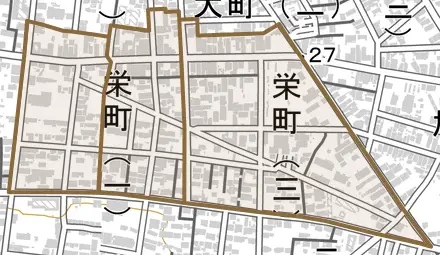 原町区栄町とその周辺の地図。町の範囲を重ねている