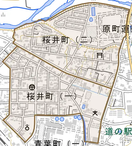 原町区桜井町とその周辺の地図。町の範囲を重ねている
