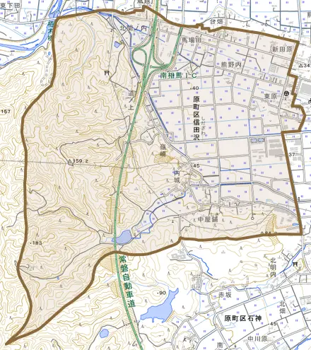 原町区信田沢とその周辺の地図。町の範囲を重ねている