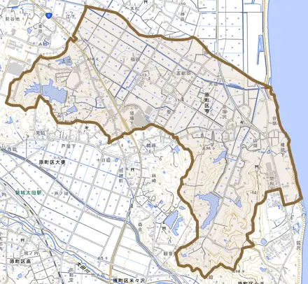 原町区雫とその周辺の地図。町の範囲を重ねている