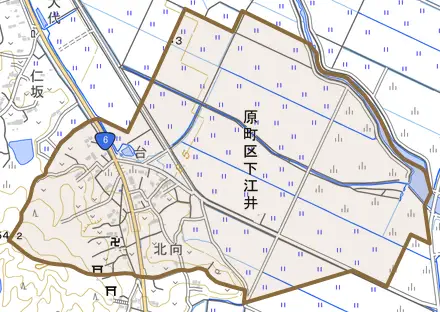 原町区下江井とその周辺の地図。町の範囲を重ねている