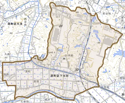 原町区下太田とその周辺の地図。町の範囲を重ねている