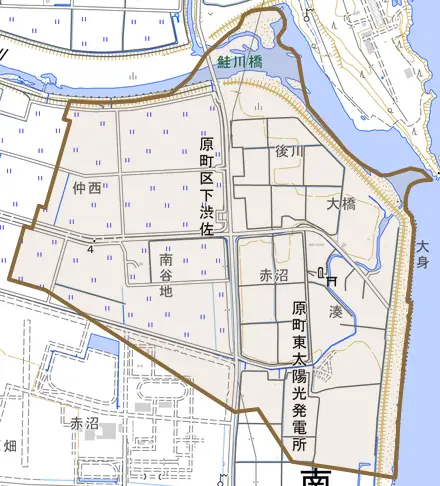 原町区下渋佐とその周辺の地図。町の範囲を重ねている