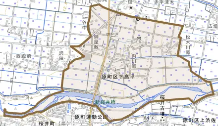 原町区下高平とその周辺の地図。町の範囲を重ねている