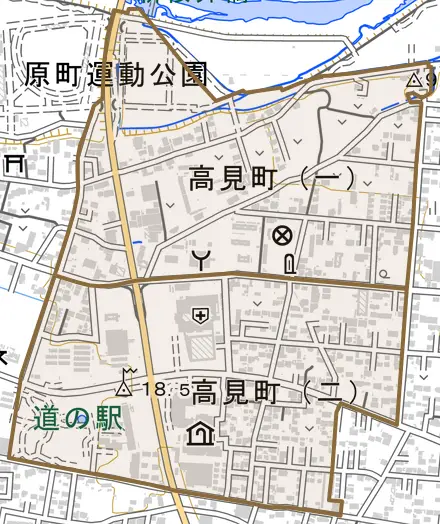 原町区高見町とその周辺の地図。町の範囲を重ねている