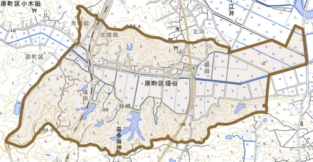 原町区堤谷とその周辺の地図。町の範囲を重ねている