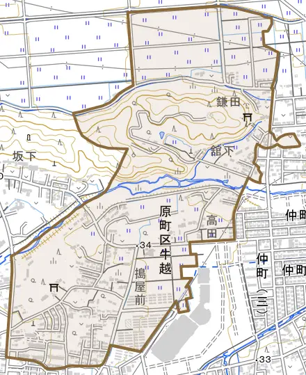 原町区牛越とその周辺の地図。町の範囲を重ねている