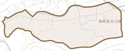 原町区矢川原とその周辺の地図。町の範囲を重ねている
