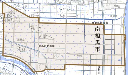 鹿島区北右田とその周辺の地図。町の範囲を重ねている