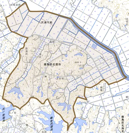鹿島区北屋形とその周辺の地図。町の範囲を重ねている