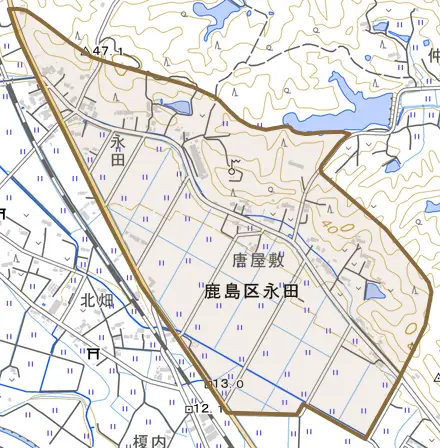 鹿島区永田とその周辺の地図。町の範囲を重ねている