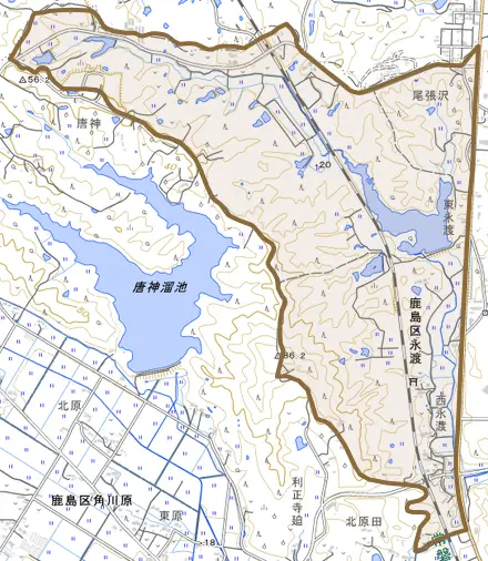 鹿島区永渡とその周辺の地図。町の範囲を重ねている