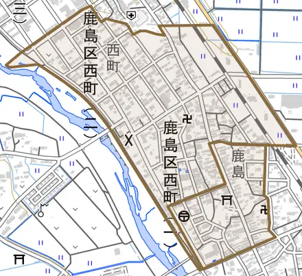 鹿島区西町とその周辺の地図。町の範囲を重ねている