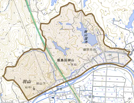 鹿島区御山とその周辺の地図。町の範囲を重ねている
