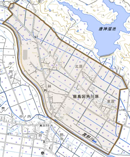 鹿島区角川原とその周辺の地図。町の範囲を重ねている