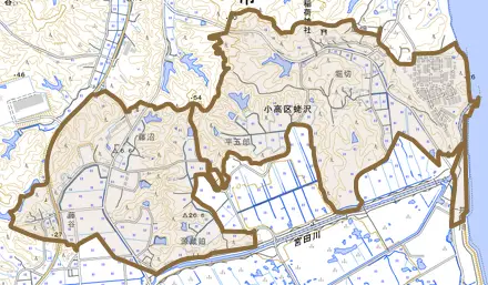 小高区蛯沢とその周辺の地図。町の範囲を重ねている