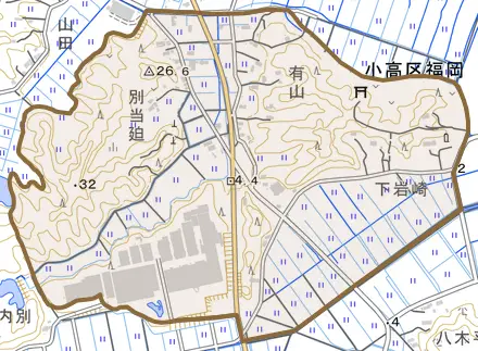 小高区福岡とその周辺の地図。町の範囲を重ねている