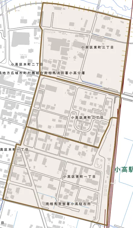 小高区東町とその周辺の地図。町の範囲を重ねている
