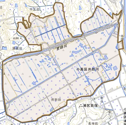 小高区井田川とその周辺の地図。町の範囲を重ねている