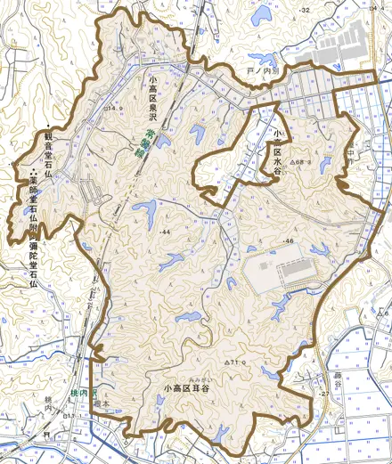 小高区泉沢とその周辺の地図。町の範囲を重ねている