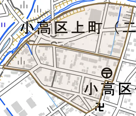 小高区上町とその周辺の地図。町の範囲を重ねている