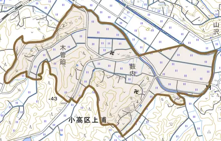 小高区上浦とその周辺の地図。町の範囲を重ねている