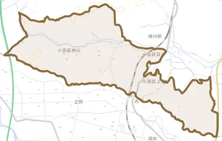 小高区神山とその周辺の地図。町の範囲を重ねている