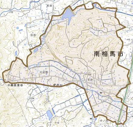 小高区金谷とその周辺の地図。町の範囲を重ねている