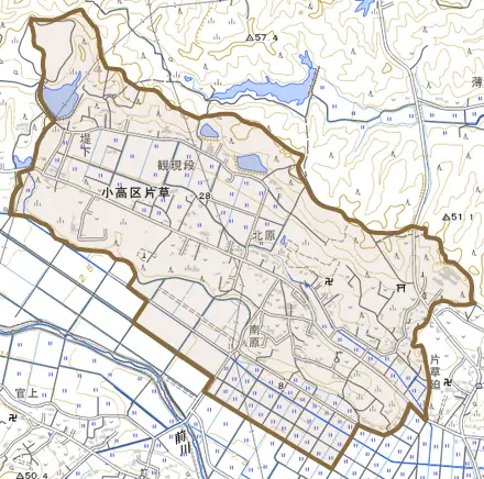 小高区片草とその周辺の地図。町の範囲を重ねている
