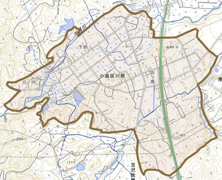 小高区川房とその周辺の地図。町の範囲を重ねている
