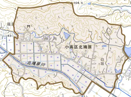 小高区北鳩原とその周辺の地図。町の範囲を重ねている