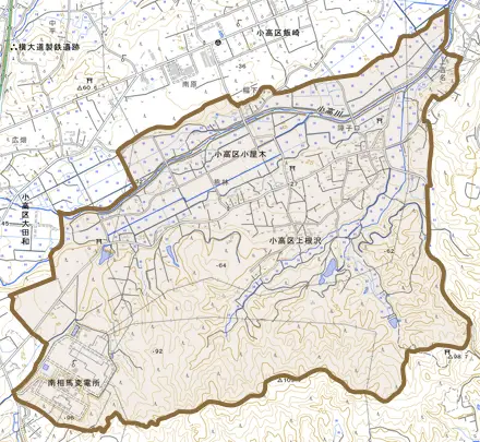 小高区小屋木とその周辺の地図。町の範囲を重ねている