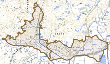 小高区耳谷とその周辺の地図。町の範囲を重ねている